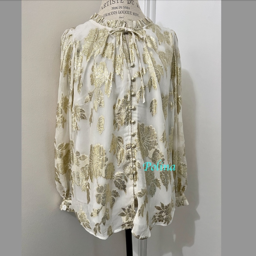 TALBOTS GOLDEN METALLIC RUFFLE NECK TOP BLOUSE - WINTER FLORAL